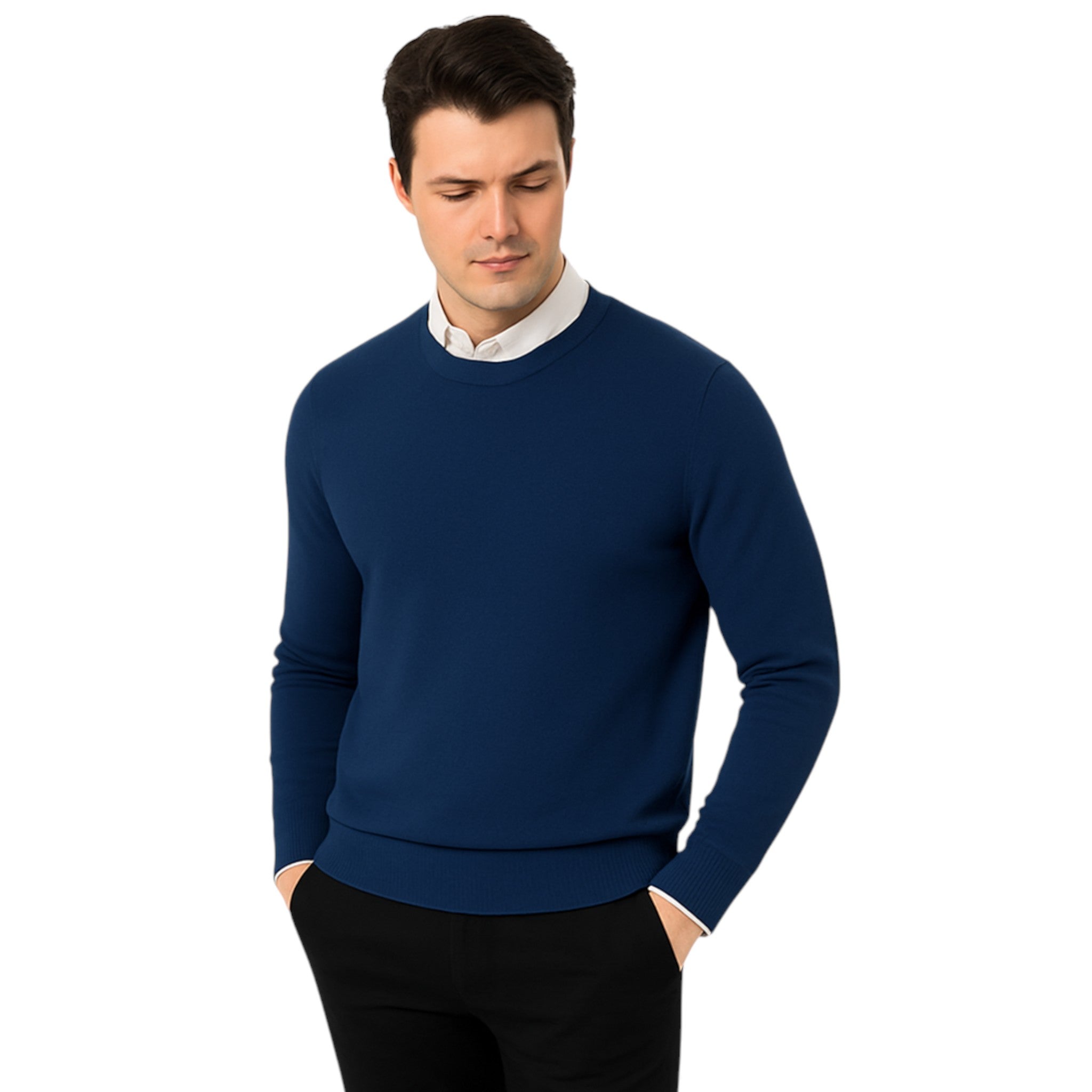 Men’s classic navy blue round neck jumper – soft knit pullover sweater with long sleeves